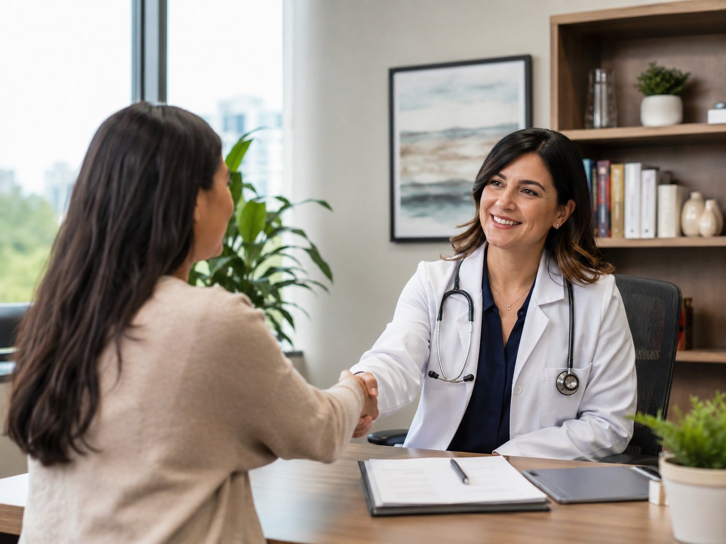 Doctor greeting a new adult patient with a handshake — Townsen Physician Group, Houston
