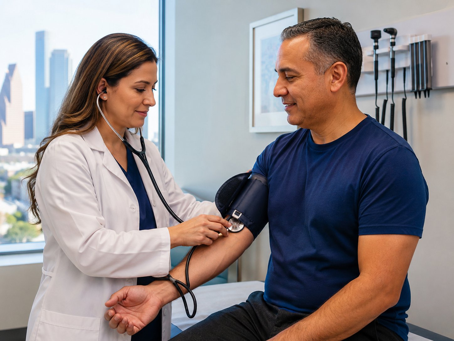 Doctor taking a male patient's blood pressure at Townsen Physician Group in Houston