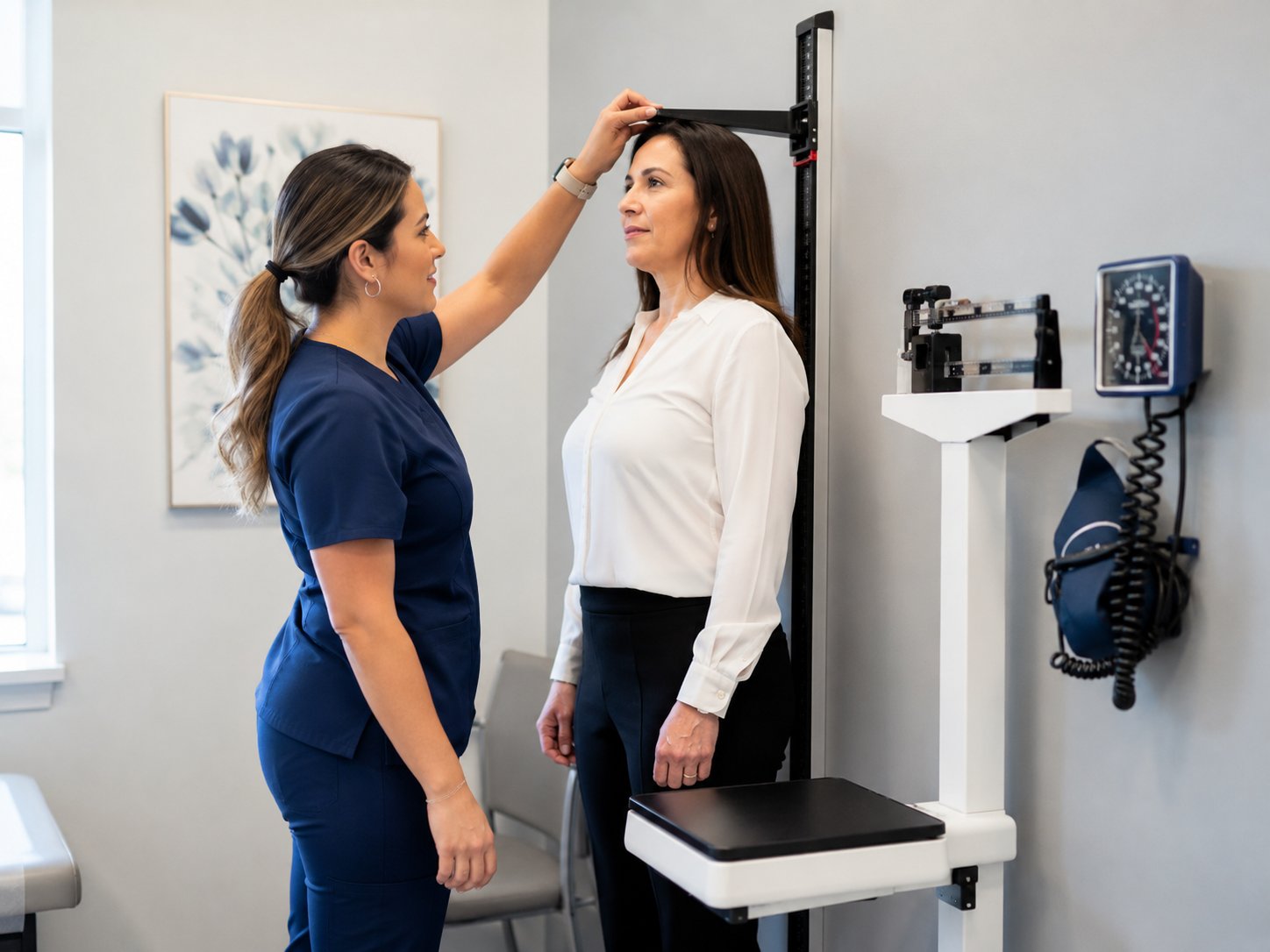 Nurse measuring a patient's height during an annual exam at Townsen Physician Group in Houston
