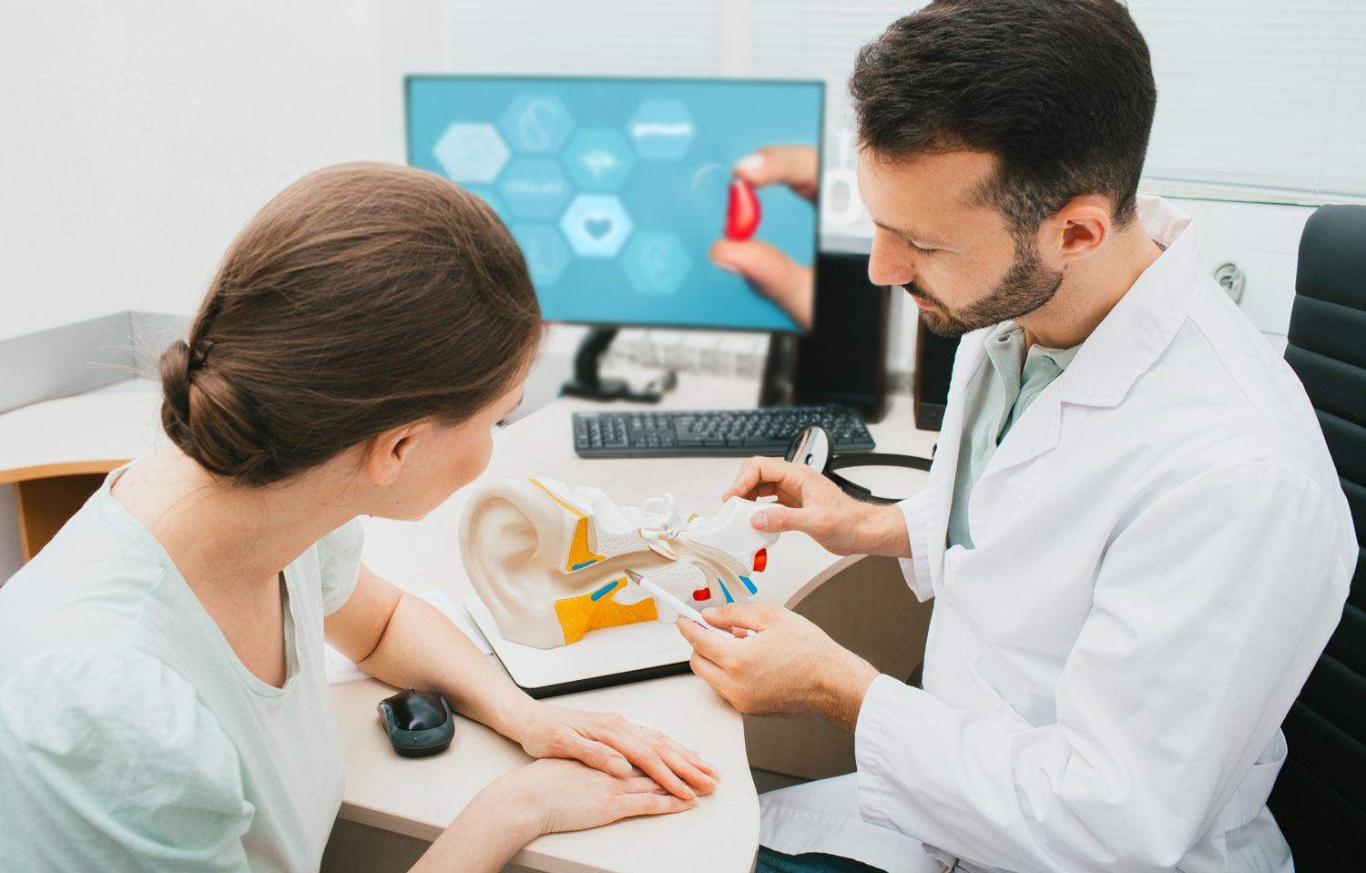 doctor showing ear anatomical model to patient