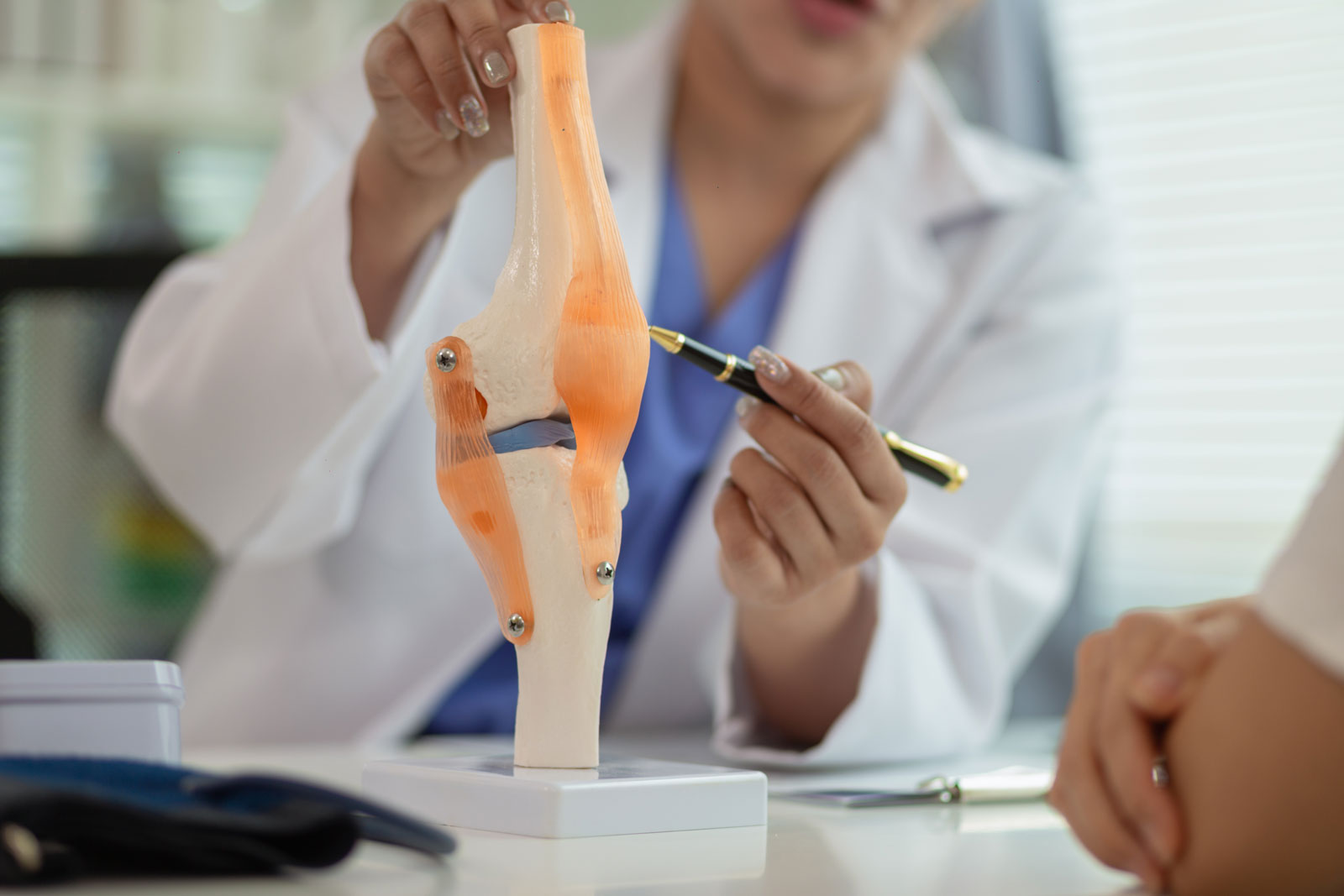 Doctor conducting an evaluation on patient's joint using a model